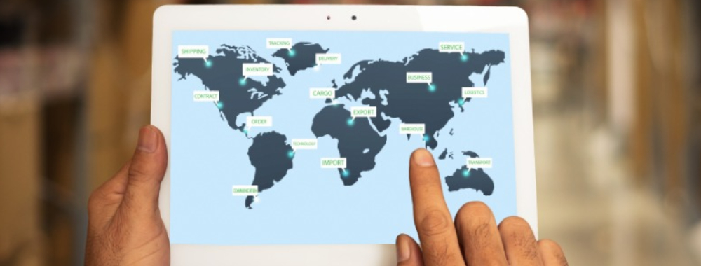 Worldmap on a tablet, showing international logistic sites