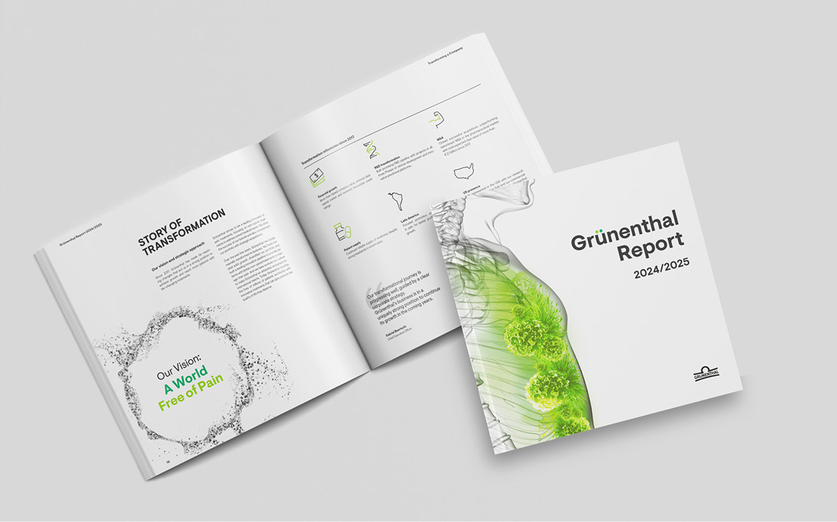 Pictures of cover and content page of Grünenthal Report 2024/2025