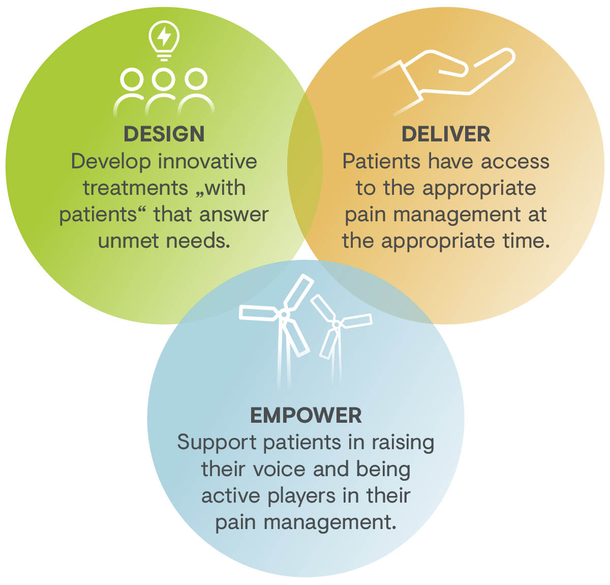Pillars of Grünenthal`s Patient collaboration strategy: Design -  Co-Develop Innovative Medicines, Deliver - Ensure Patient Access, Empower – Support  the Patient Voice 